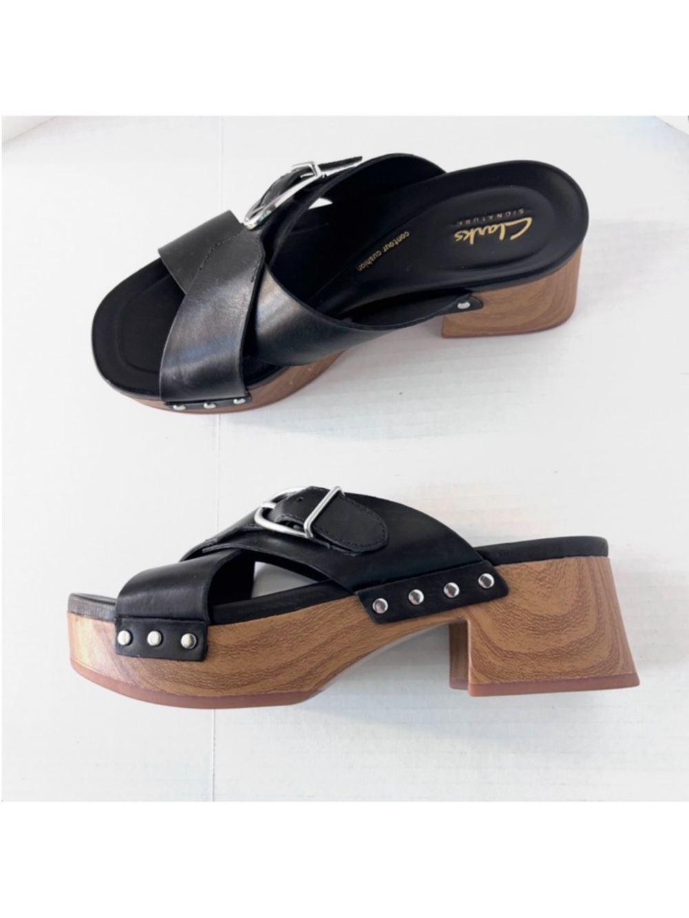 Clarks Sivanne Walk Leather Platform Black Sandals Retro Casual Sz 6.5 LIKE NEW
